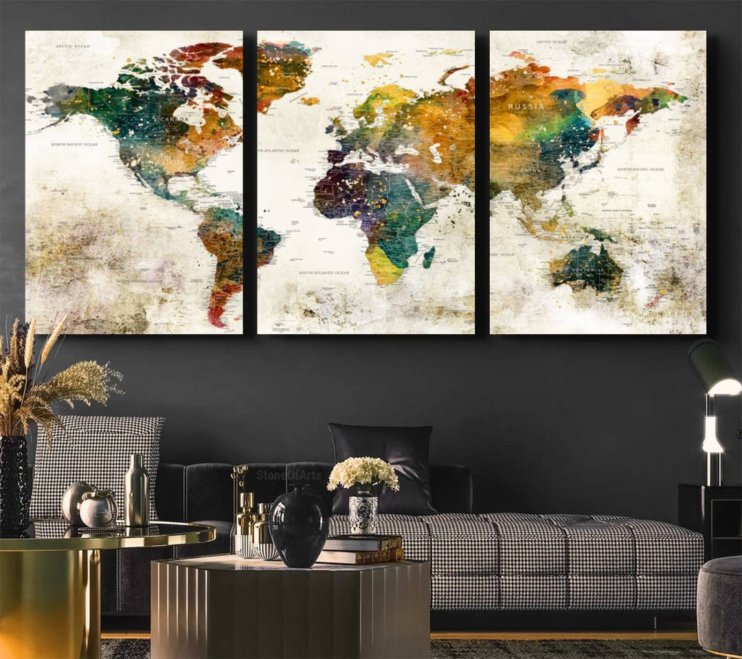 A 3-panel vintage world map canvas art is displayed.