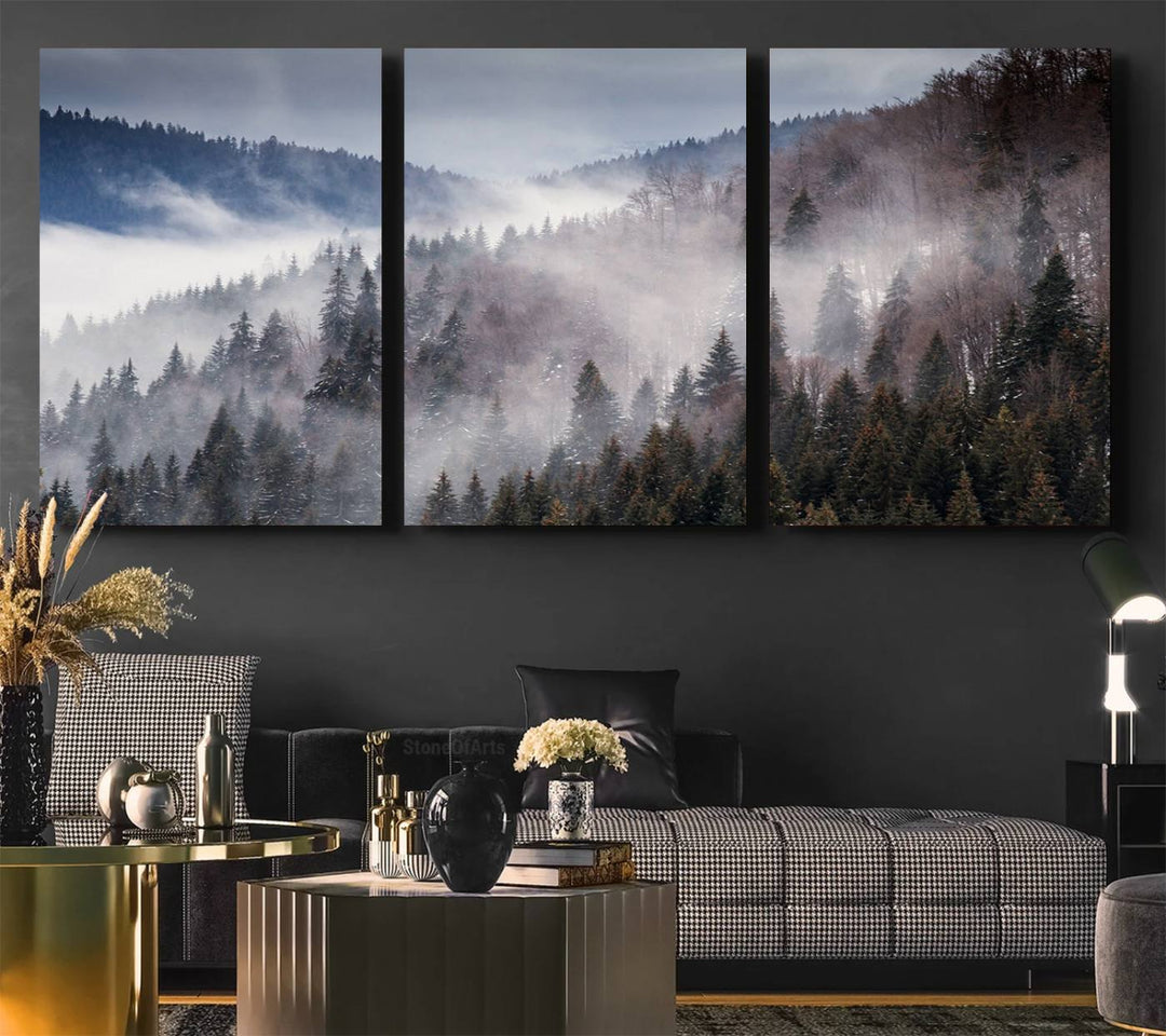 A museum-quality canvas of Beautiful Rising Fog in Winter Mountain Landscape hangs on the wall.