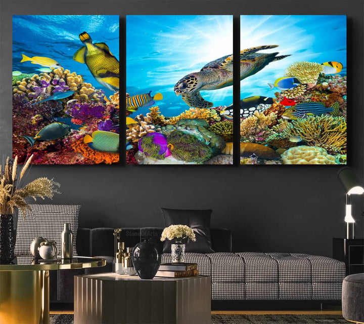 Aquatic Life Sea Turtles Fish Wall Art on canvas, perfect for adding a touch of marine beauty to your space.