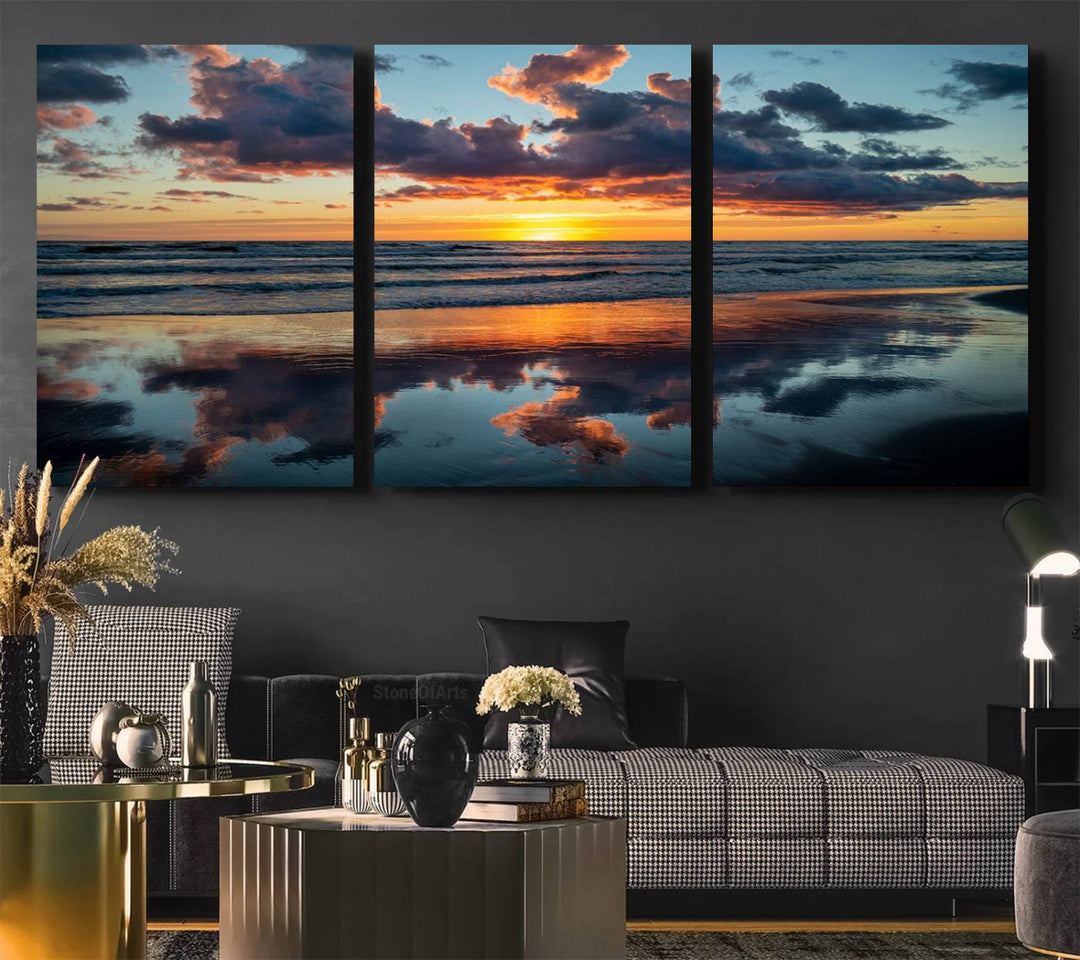 A Beach Sunset Print - Stunning Ocean Canvas Artwork adorns the wall.