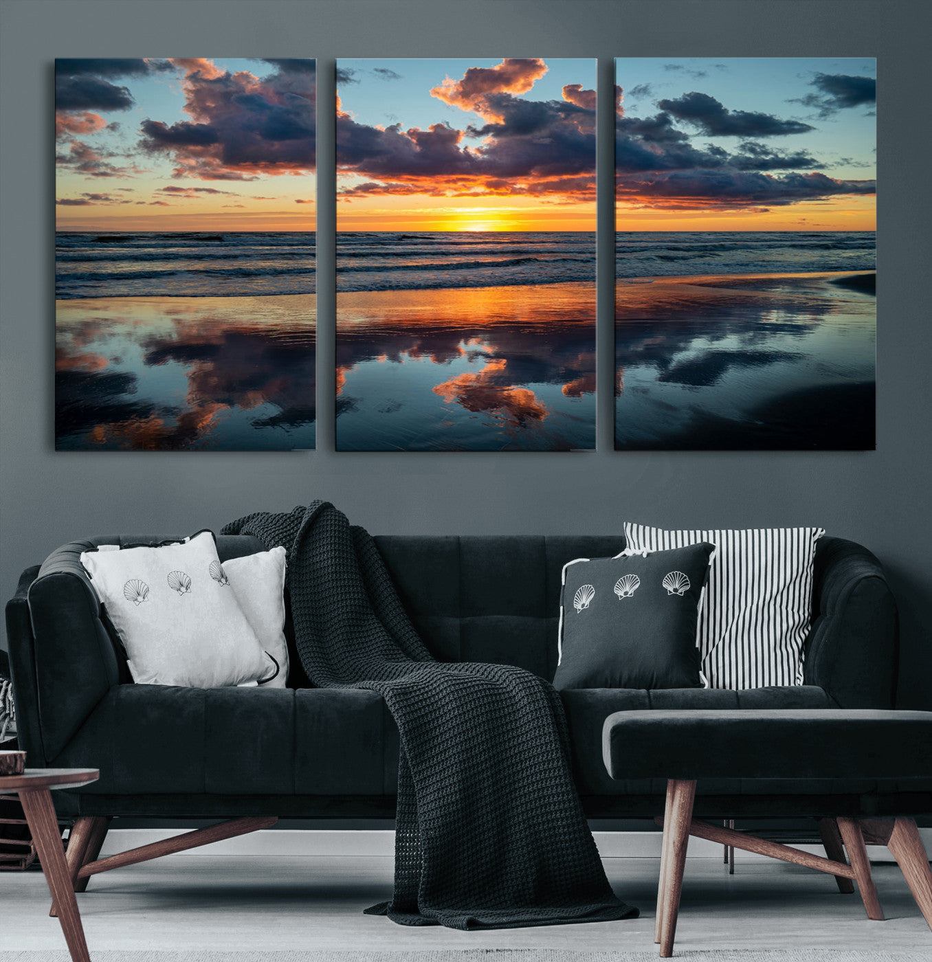 MGV-CV-60X30-3P - Beach Sunset Print - Stunning Ocean Canvas Artwork with Sunset Reflection Design for Elegant Home or