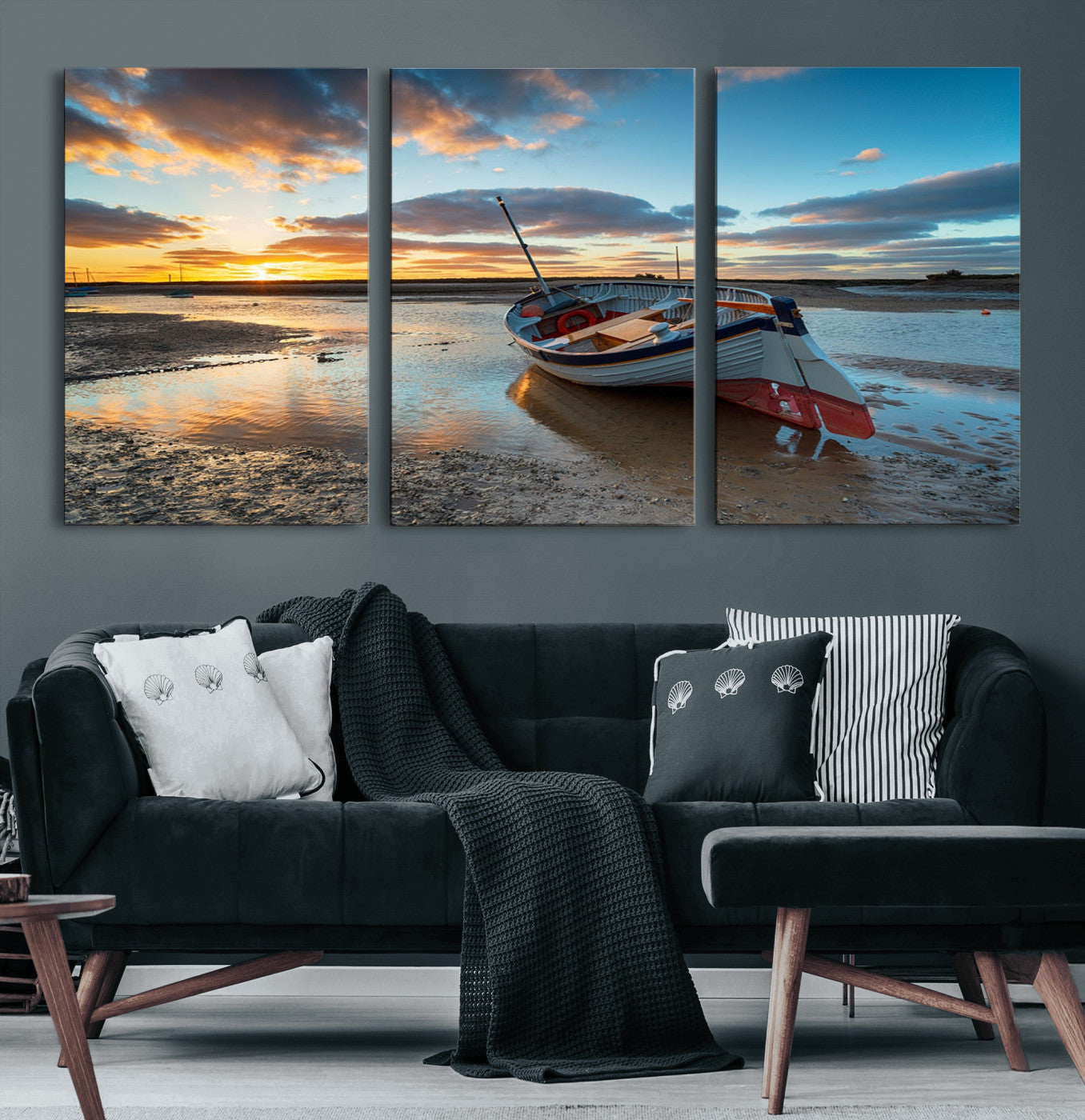MGV-CV-60X30-3P - Small Boat At The Beach Sunset Wall Art, Boat Sunset Wall Art Canvas Print