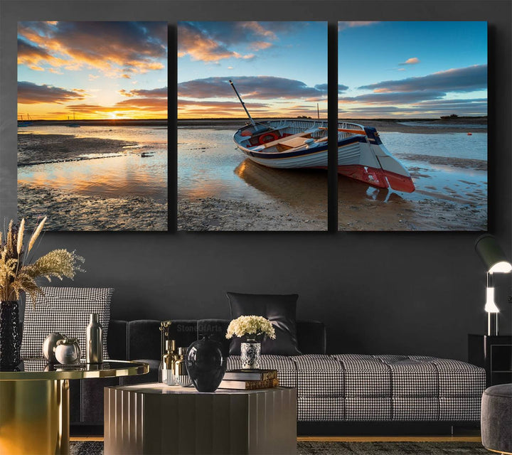 The Small Boat At The Beach Sunset wall art canvas print features UV coating, is museum-quality, and is ready to hang.