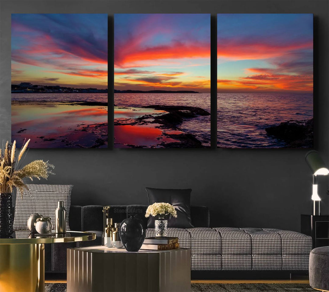 The Glorious Sunset on The Beach canvas print adorns the dining room.