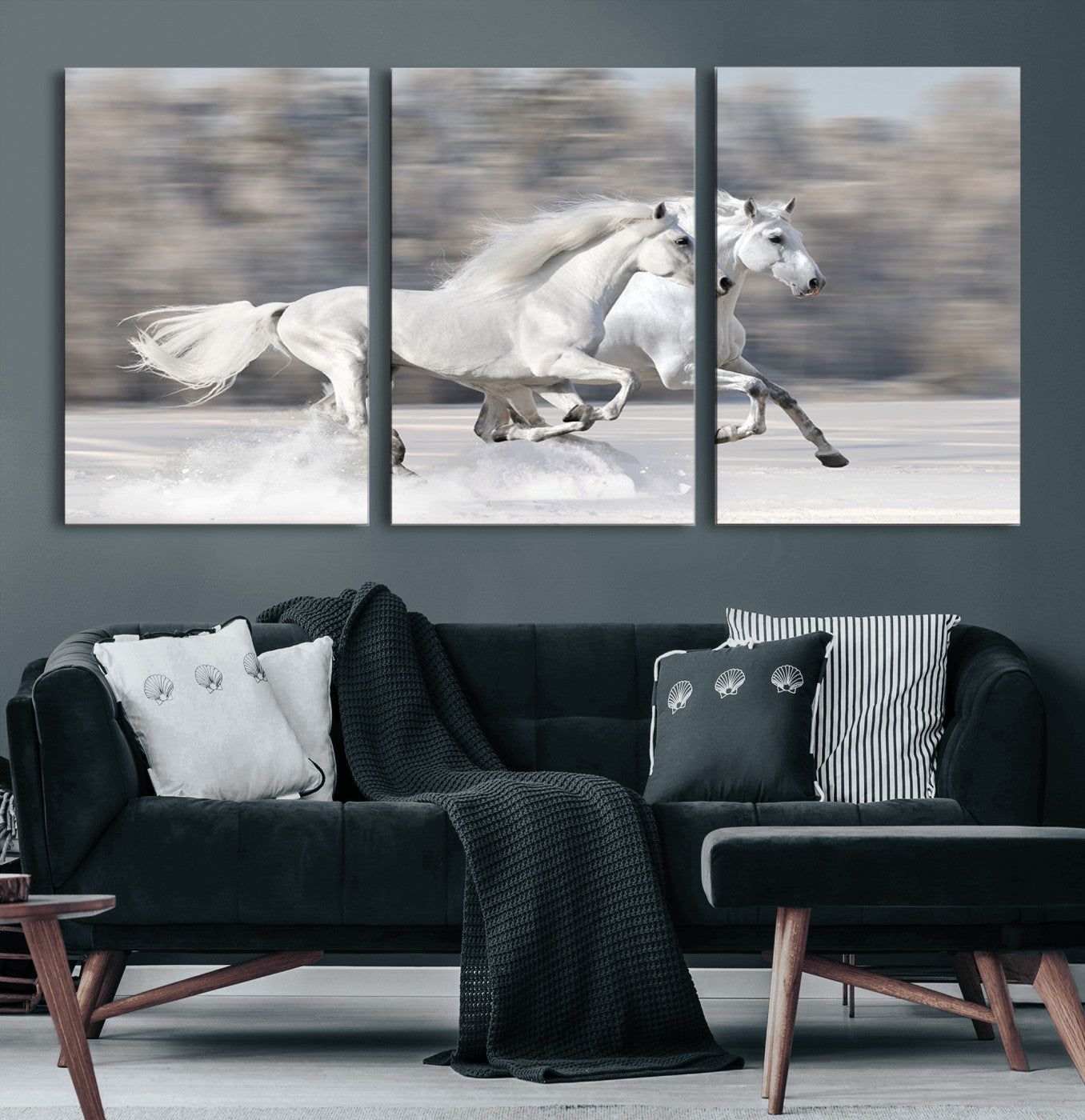 MGV-CV-60X30-3P - The White Horses Wall Art, Framed White Horses Wall Art Canvas Print