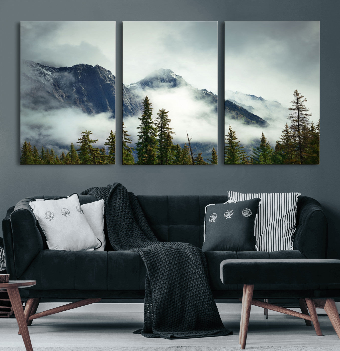 93219-MGV-CV-60X30-3P-Mountain Mist Canvas Wall Art Print | 3-Panel Foggy Forest and Mountain Landscape | Large Giclee