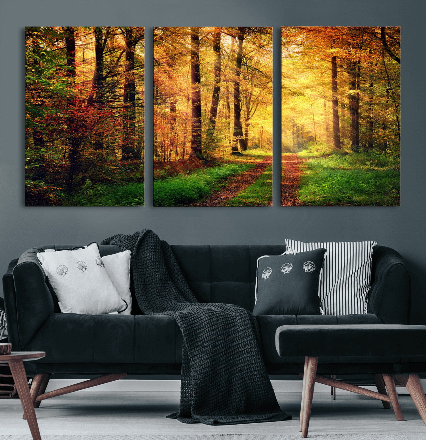73494-MGV-CV-60X30-3P-Sunlight Through Trees Wall Art Canvas Print - Autumn Forest Wall Art Canvas Print