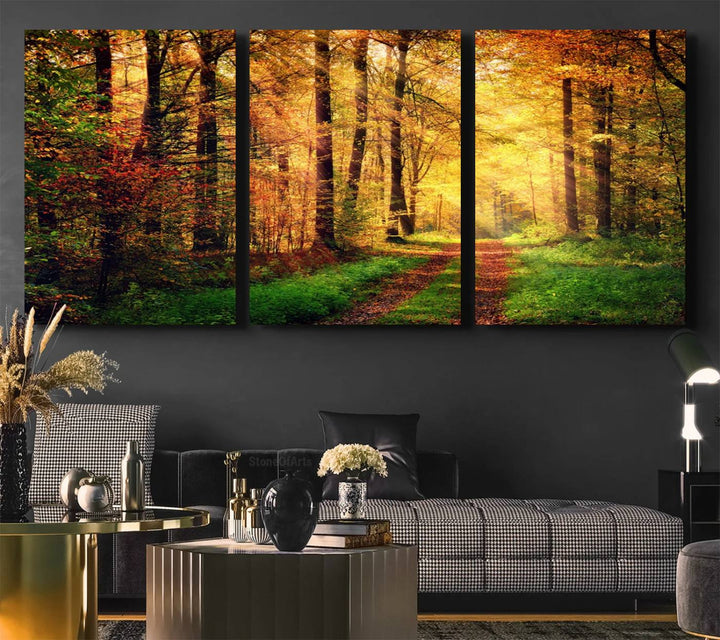 The Sunlight Through Trees Wall Art Canvas Print showcases a sunlit autumn forest and includes UV protection to ensure lasting vibrance.