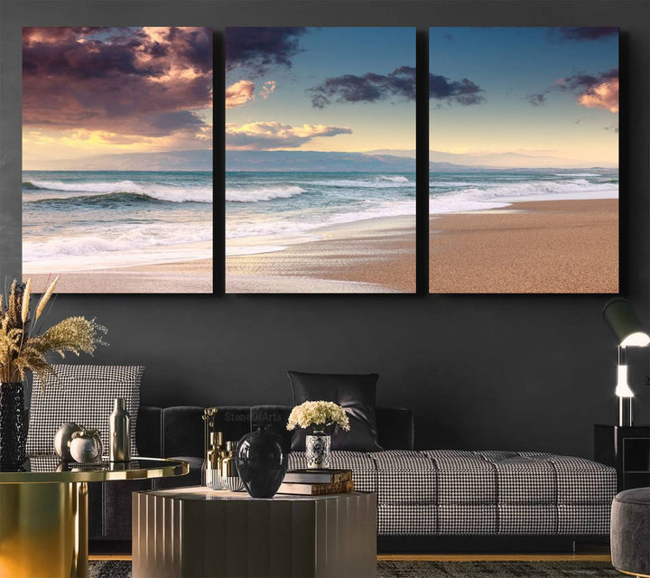 The dining area is enhanced with the Cloudy Weather Beach Sunset Canvas Print.