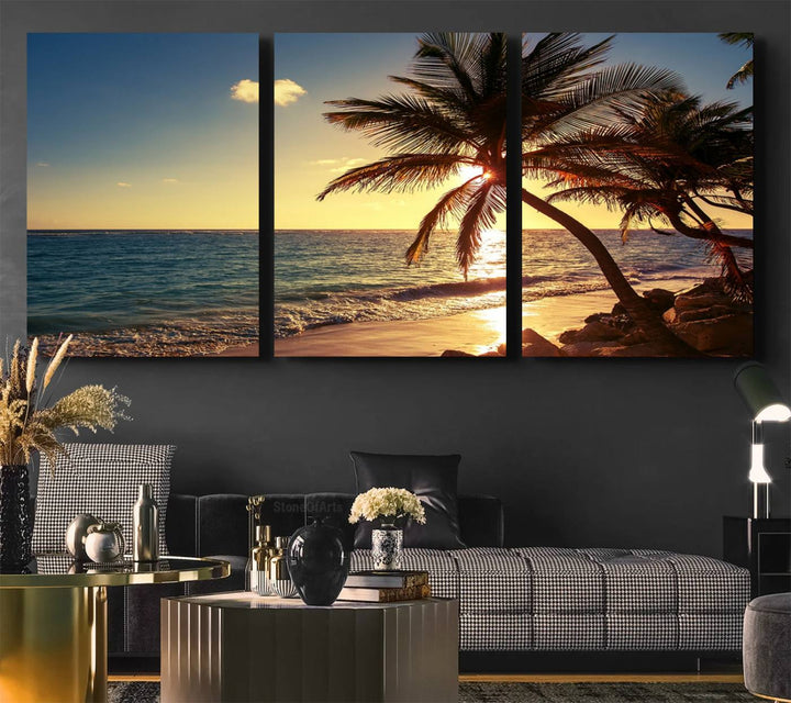 Sunset Palm Trees Wall Art Canvas Print: a serene beach scene on museum-quality canvas.