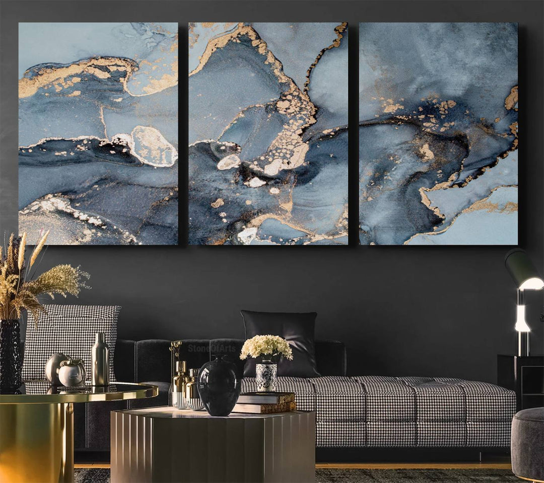 A Multipanel Marble Fluid Effect Canvas Print hangs prominently on the wall.