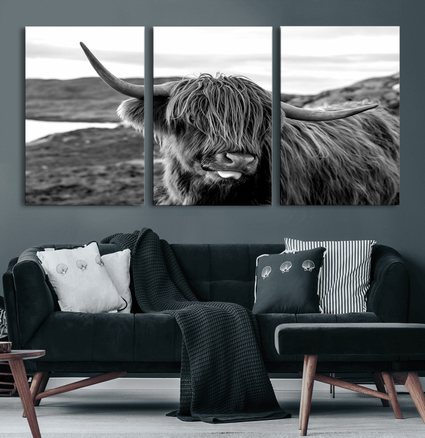 MGV-CV-60X30-3P - Longhorn Steer Canvas Print Wall Art, Highland Cow Canvas Wall Art – Black and White Animal Portrait