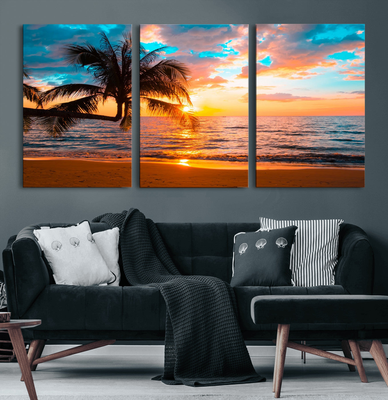 34674-MGV-CV-60X30-3P-Palm Tree Sunset On The Beach Wall Art Canvas, Framed Palm Tree Sunset Canvas Print