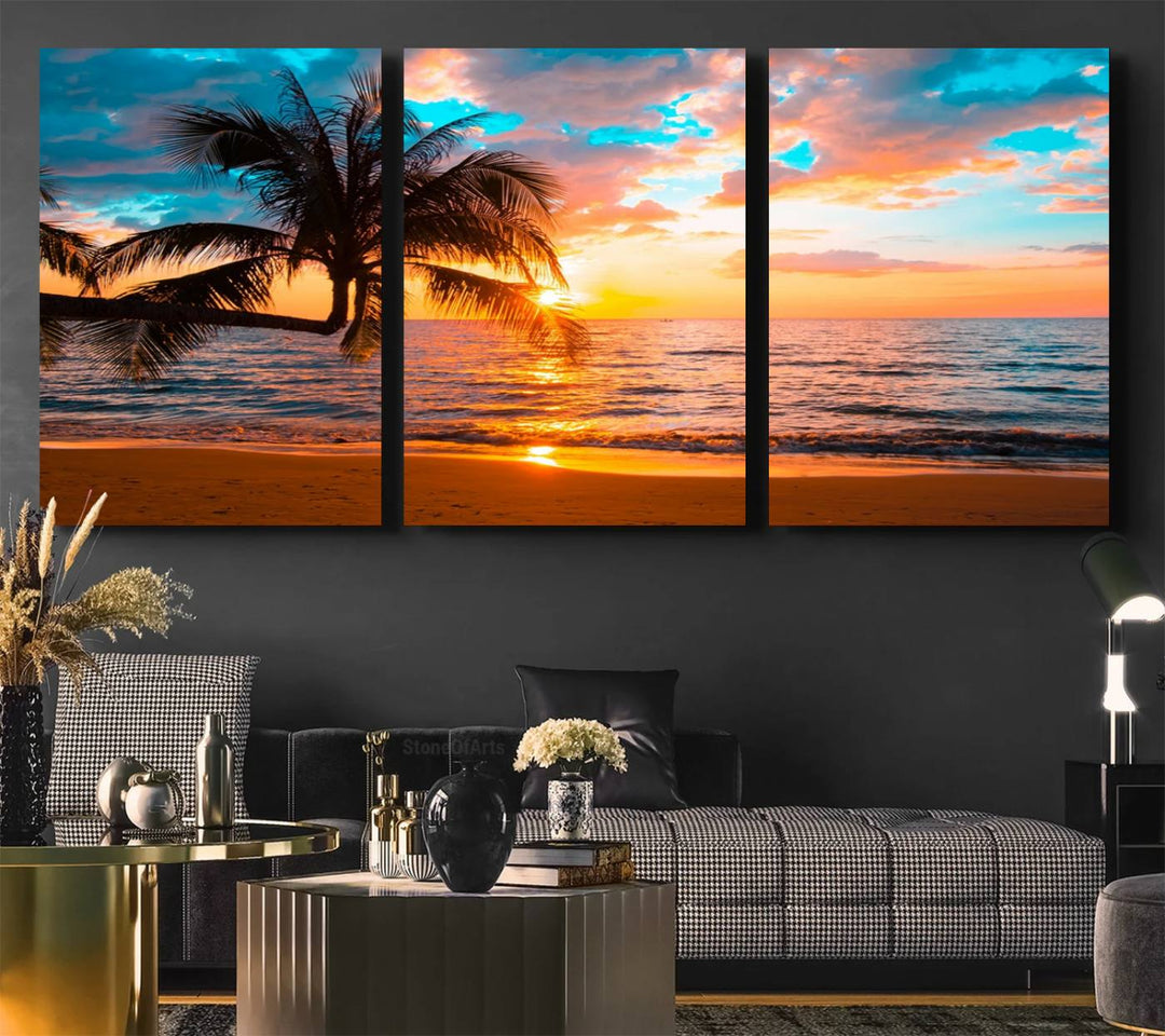 The Palm Tree Sunset On The Beach ready-to-hang canvas wall art—museum quality—brings a serene atmosphere to the room.