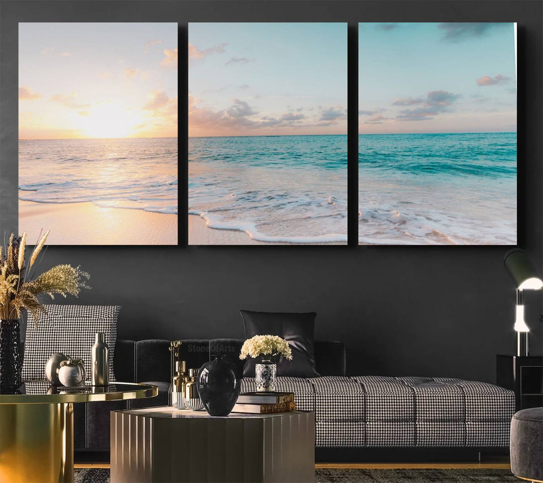 The room features a 3-panel Tranquil Ocean Beach Sunset Canvas Wall Art.