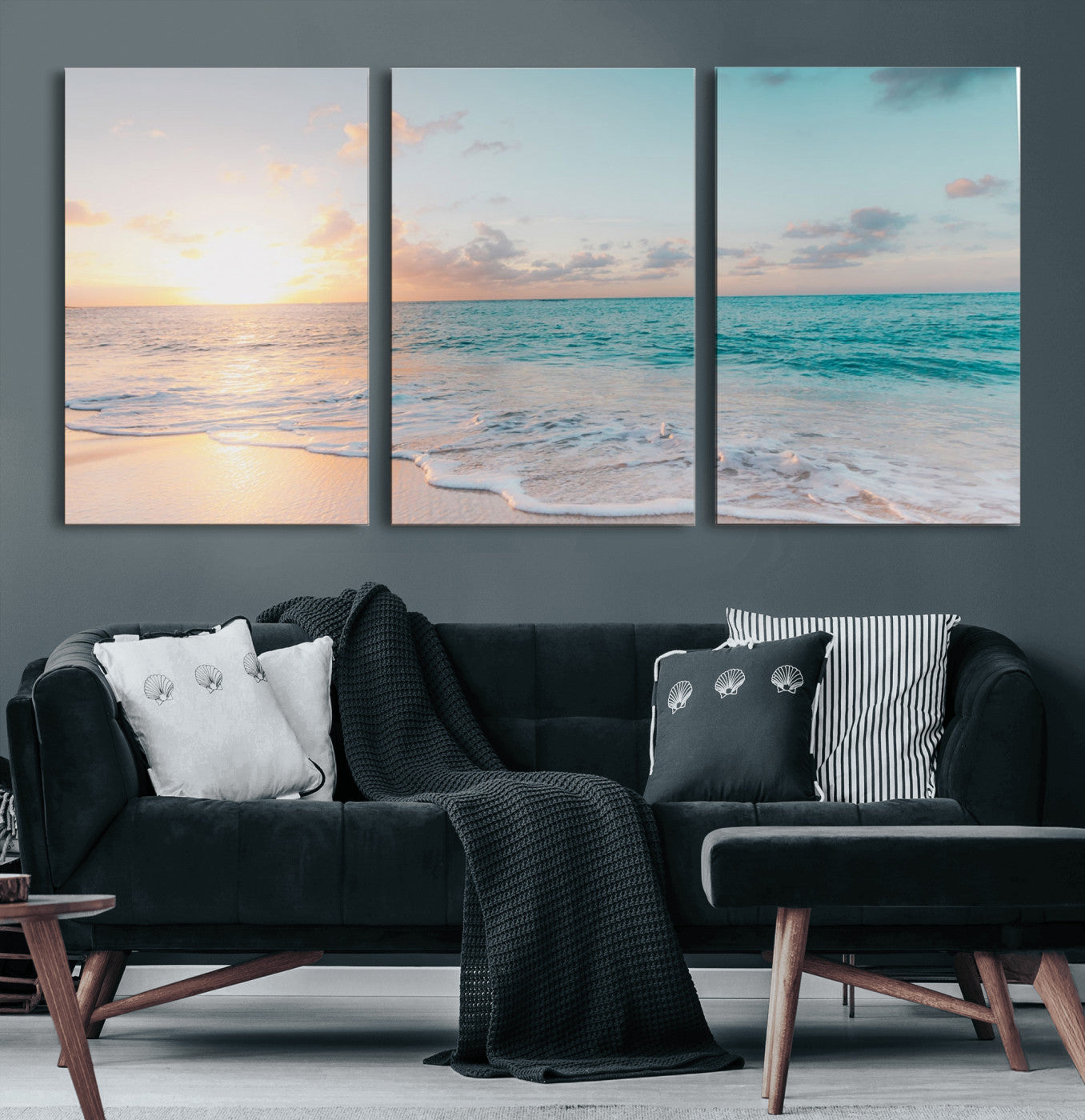 MGV-CV-60X30-3P - Tranquil Ocean Beach Sunset Canvas Wall Art | 3-Panel Coastal Decor