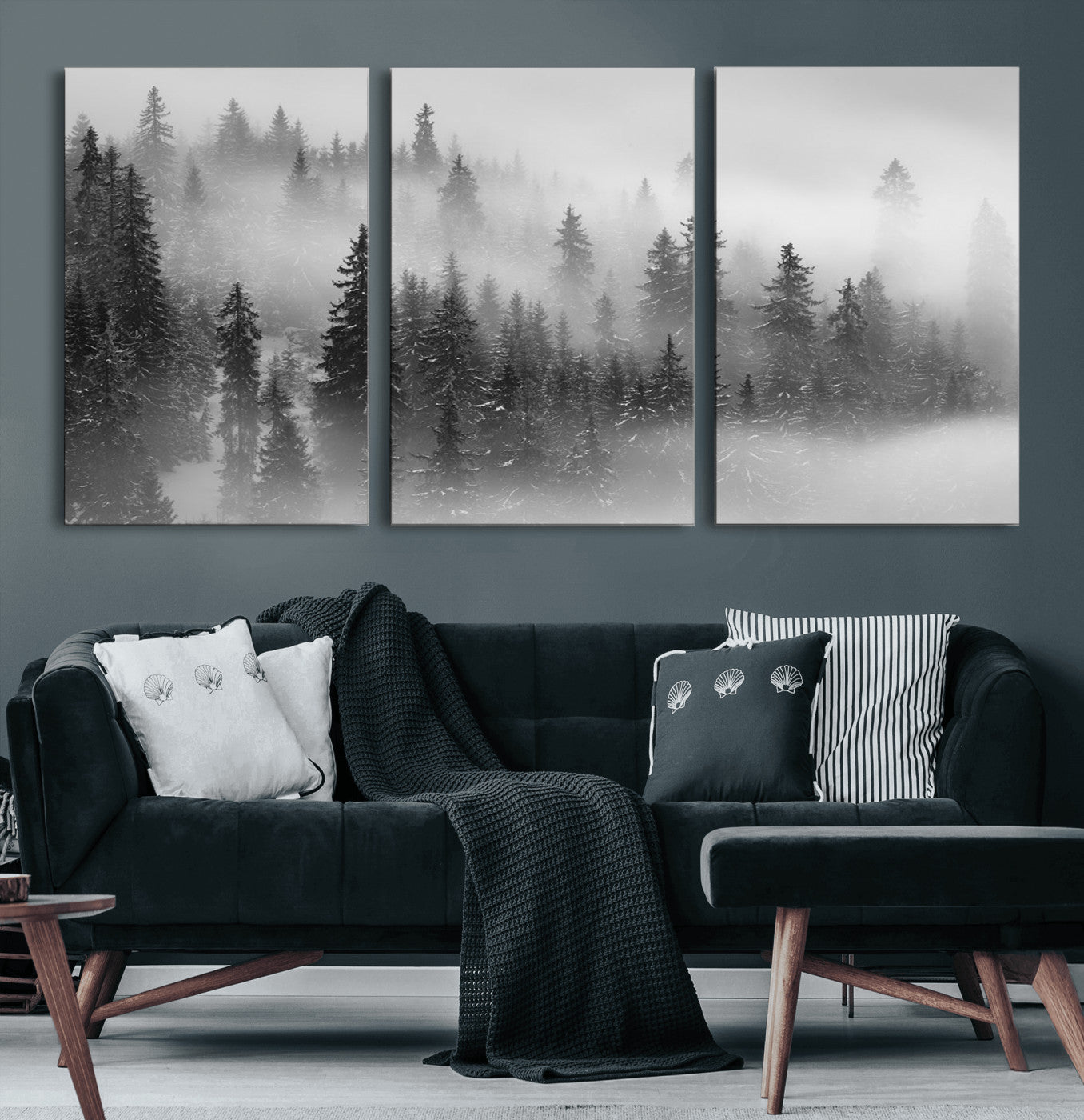 MGV-CV-60X30-3P - Foggy Misty Forest Canvas Wall Art – Black and White Landscape – Framed and Ready to Hang Modern