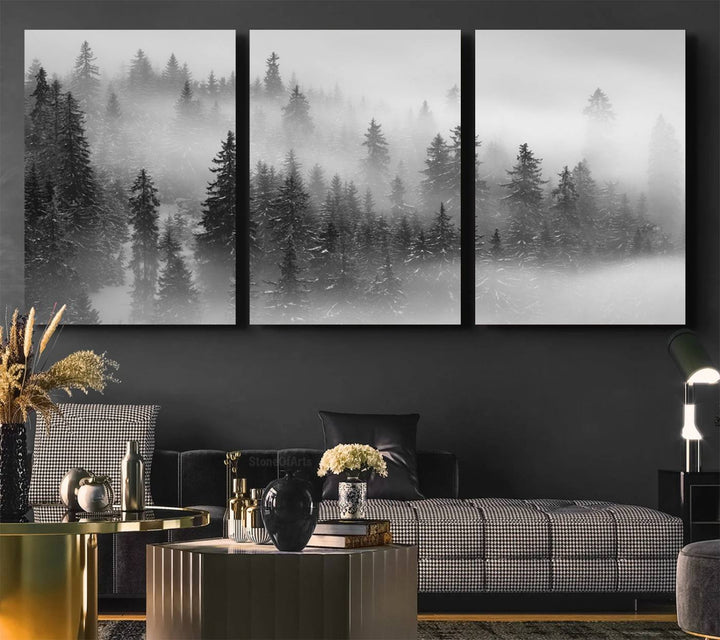 A stunning Foggy Misty Forest Canvas Wall Art adorns the kitchen wall.