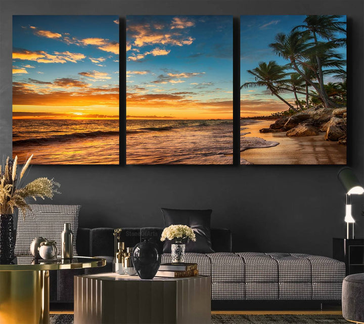 A stunning beach sunset on a museum-quality Sunset Wall Art Canvas Print adorns the kitchen wall.