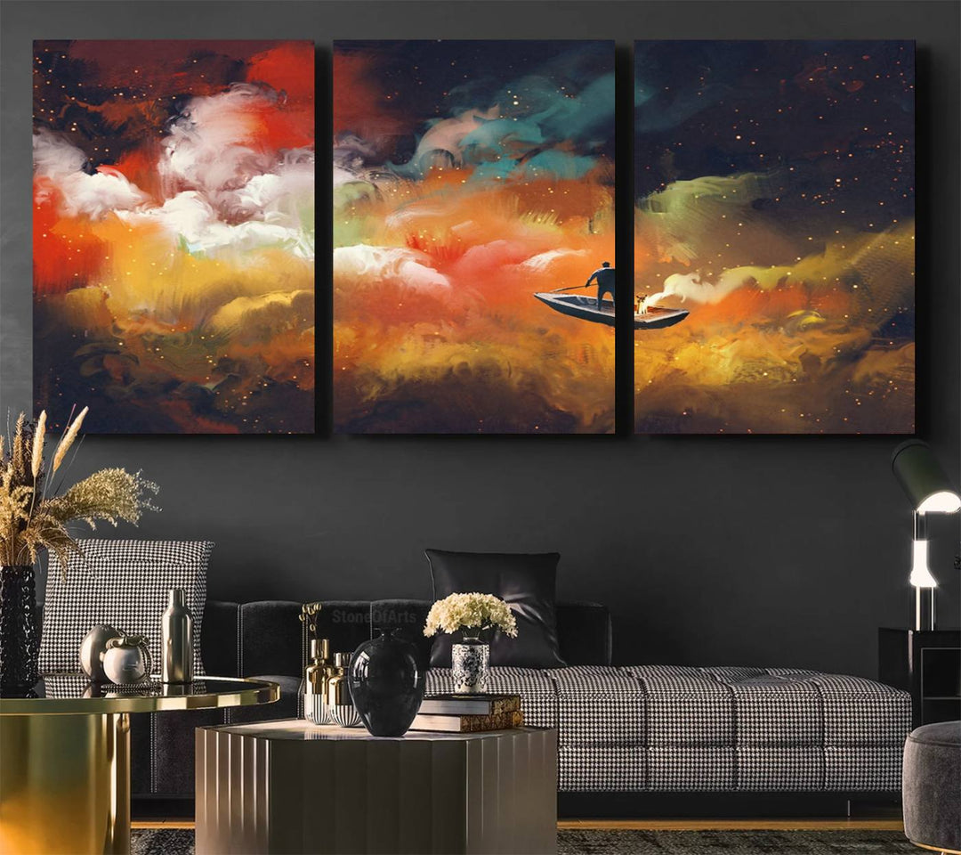 Surreal Space Adventure Canvas Wall Art features a person in a boat.