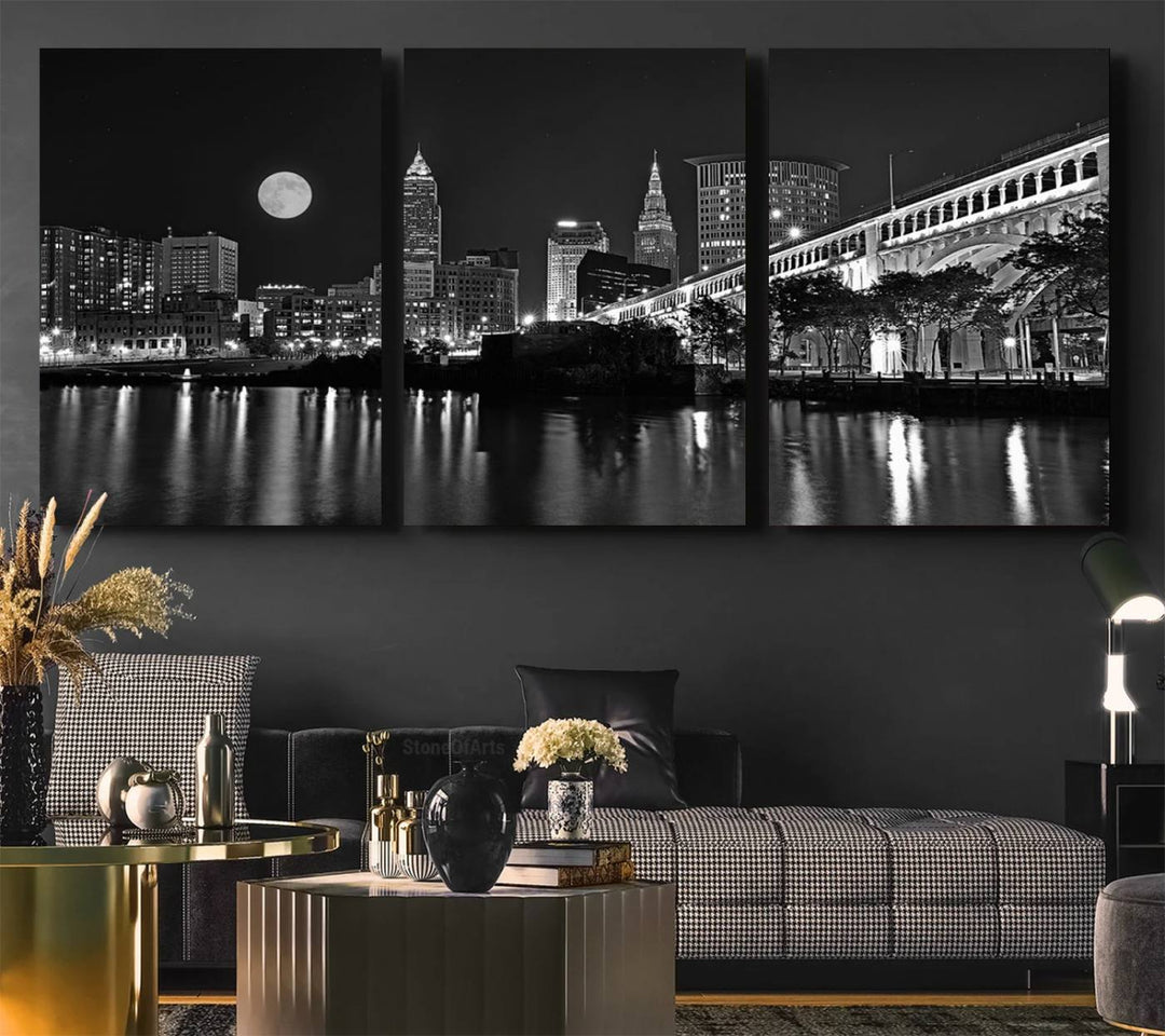 Cleveland Night Skyline Canvas Print: A museum-quality piece, ready to hang, featuring a stunning full moon and its reflections below.