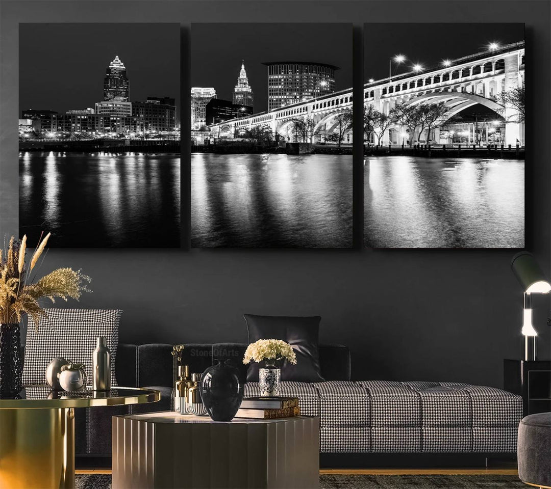 The Cleveland Night Skyline Canvas Print hangs prominently.