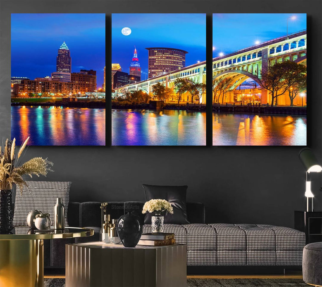 A Cleveland Night Skyline Wall Art on museum-quality canvas showcases a bridge and illuminated buildings.