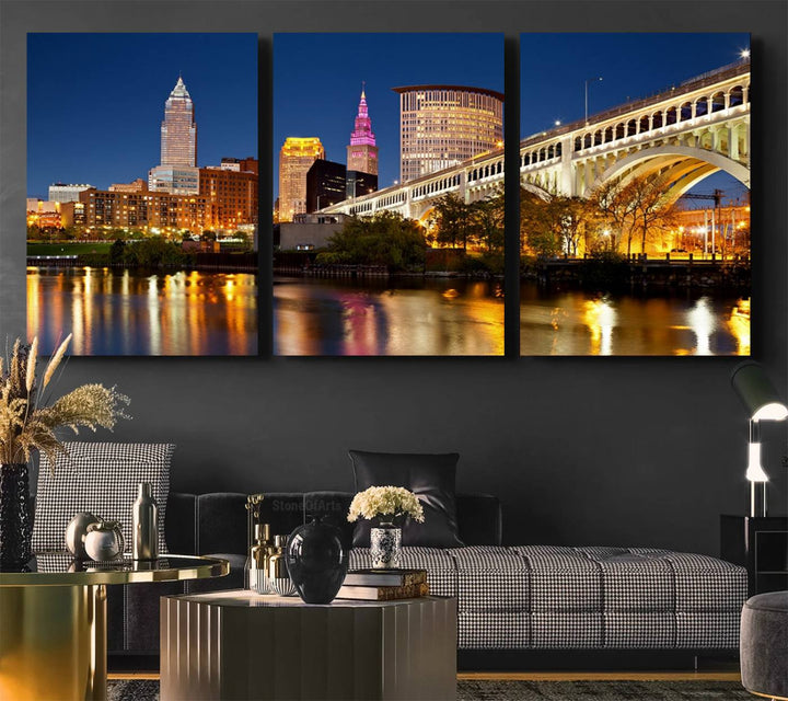 The Cleveland City Lights Canvas showcases a lit-up bridge and cityscape at night.