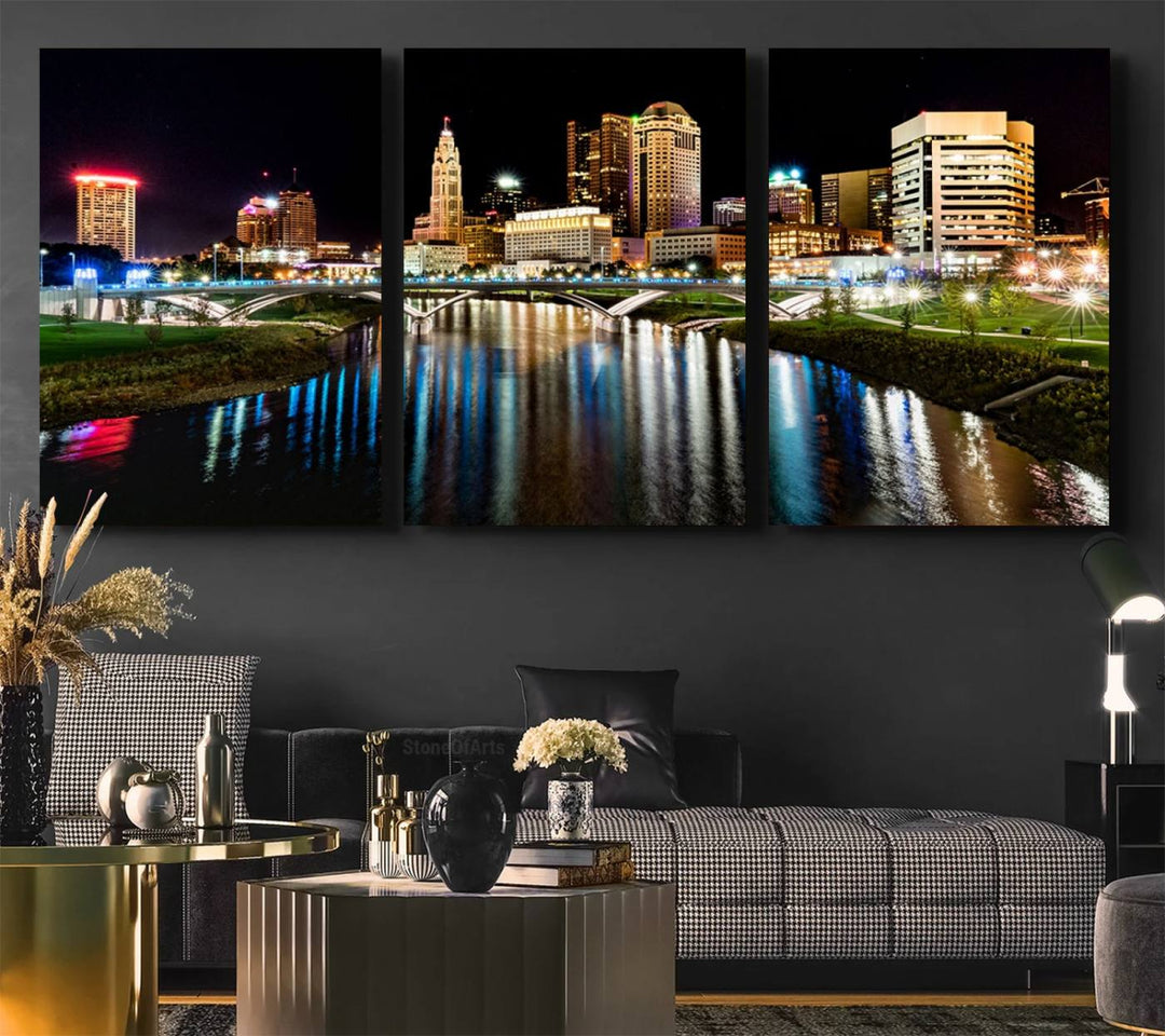 The Columbus City Lights Night Skyline Wall Art Canvas Print adorns the wall.