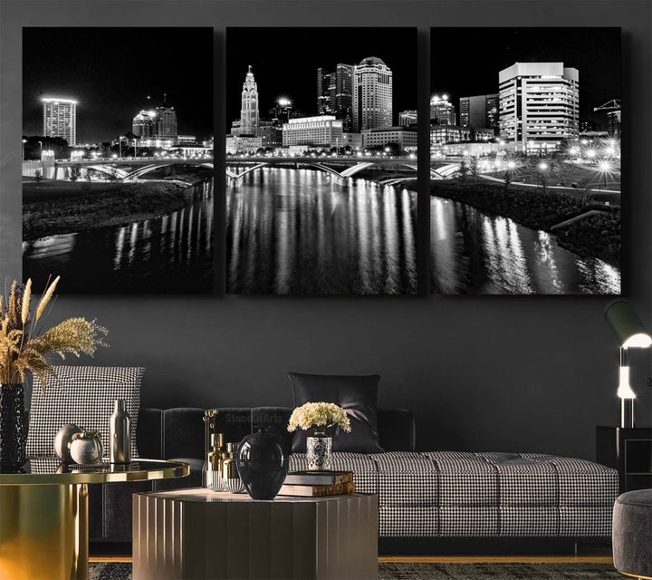 Columbus City Lights Skyline Black and White Canvas with UV coating.