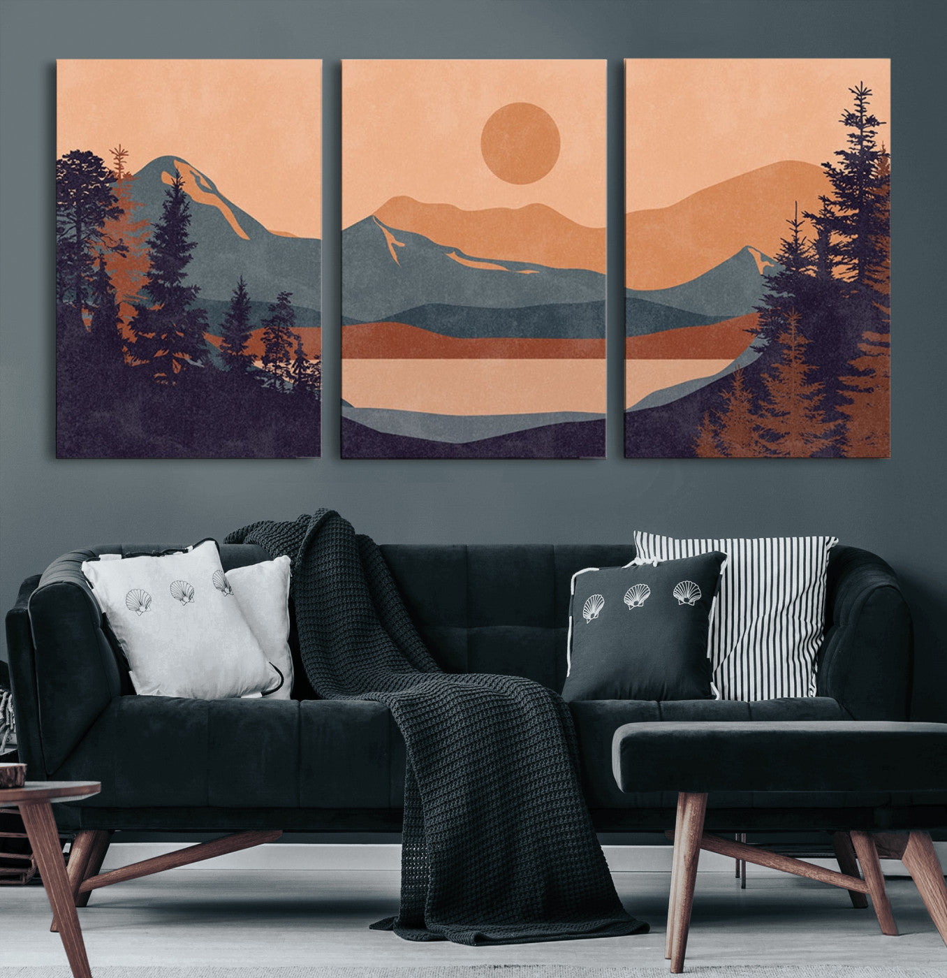 62795-MGV-CV-60X30-3P-Modern Boho Sunset Canvas Print, Mountain Landscape Triptych – Giclée Canvas Art Print for Living