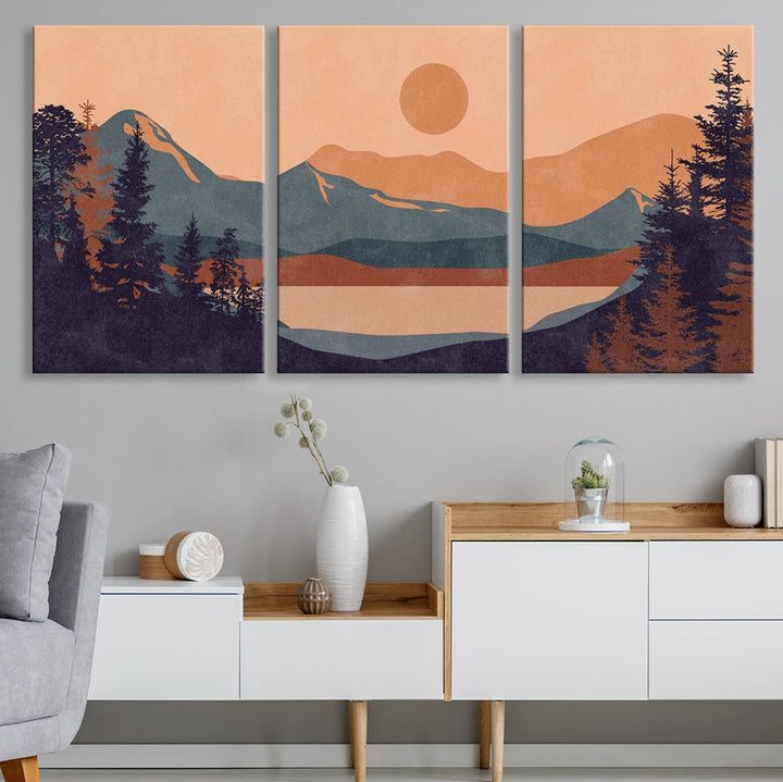 Modern Boho Sunset Mountain Landscape Triptych – Giclée Canvas Art Print for Living Room, Bohemian Decor, Ready to Hang