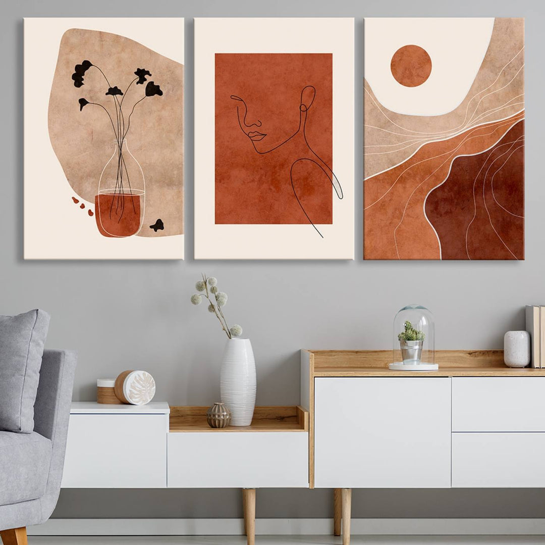 Conjunto de impresión de lienzo enmarcado de arte de pared boho - Impresiones modernas de mediados de siglo - Impresiones de obras de arte de pared de decoración boho - Decoración del hogar neutral boho