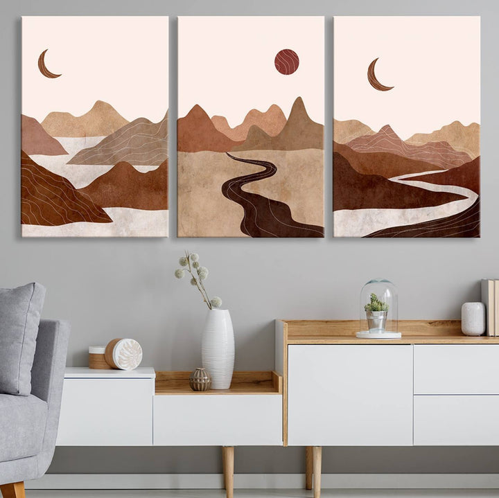 Boho Wall Art Canvas Print Set Mid-Century Prints Bohemian Wall Artwork Prints Boho Neutral