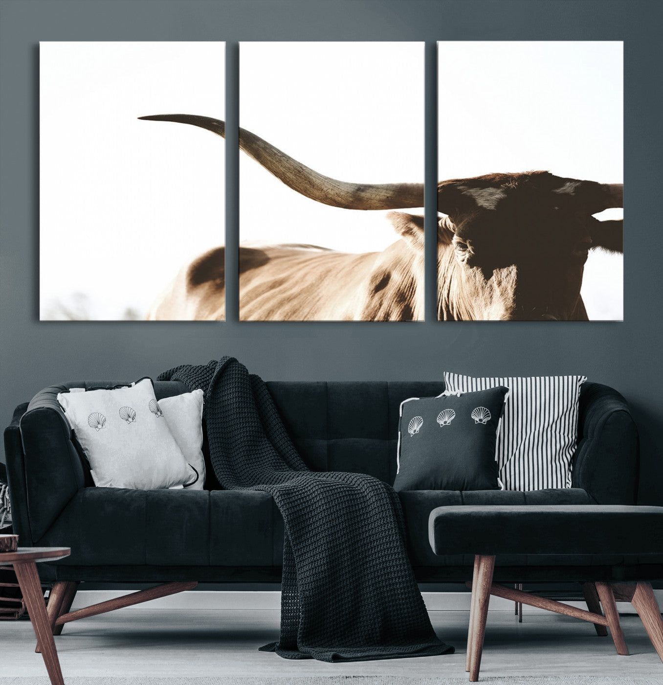 MGV-CV-60X30-3P - Texas Longhorn Wall Art Canvas Print | 3-Panel Large Longhorn Canvas Print for Living Room, Framed Gallery Wrap Office, Rustic Western Cowboy Decor