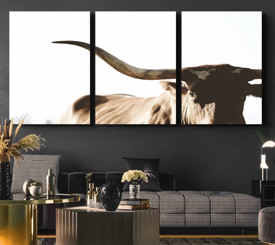 A 3-panel Texas Longhorn canvas adds a touch of rustic Western decor.