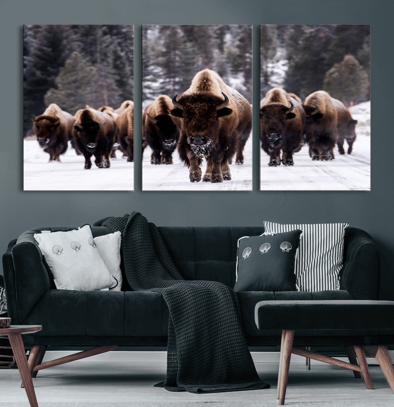 MGV-CV-60X30-3P - Bison Wall Art Canvas Print- Bison Herd Canvas Wall Art – Majestic Wildlife Photography – Framed and