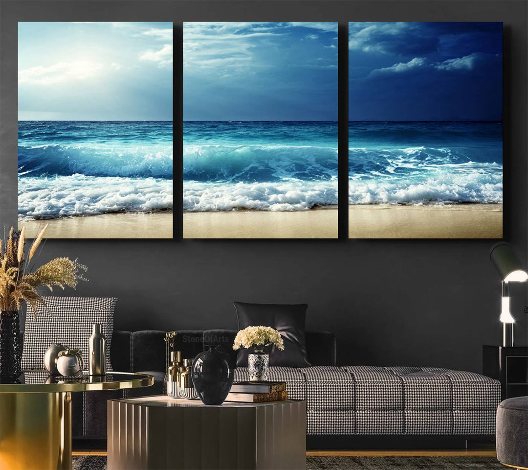 The Majestic Ocean Wave Wall Art Canvas, a 3-panel seascape print, is featured prominently.