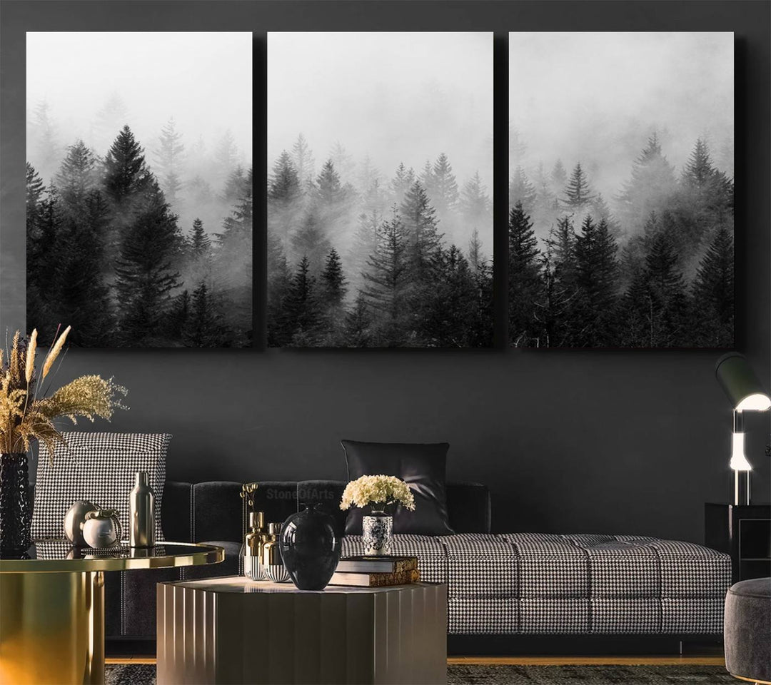 Fogy Forest Canvas Art features misty pines and a mountain landscape.