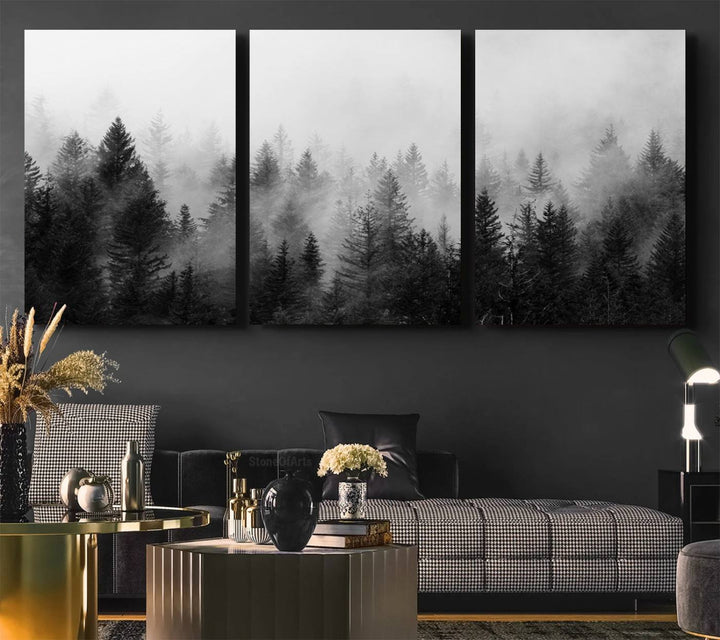 Black and white canvas art depicts a misty pine forest, offering a dense landscape that appeals to nature and woodland art lovers.