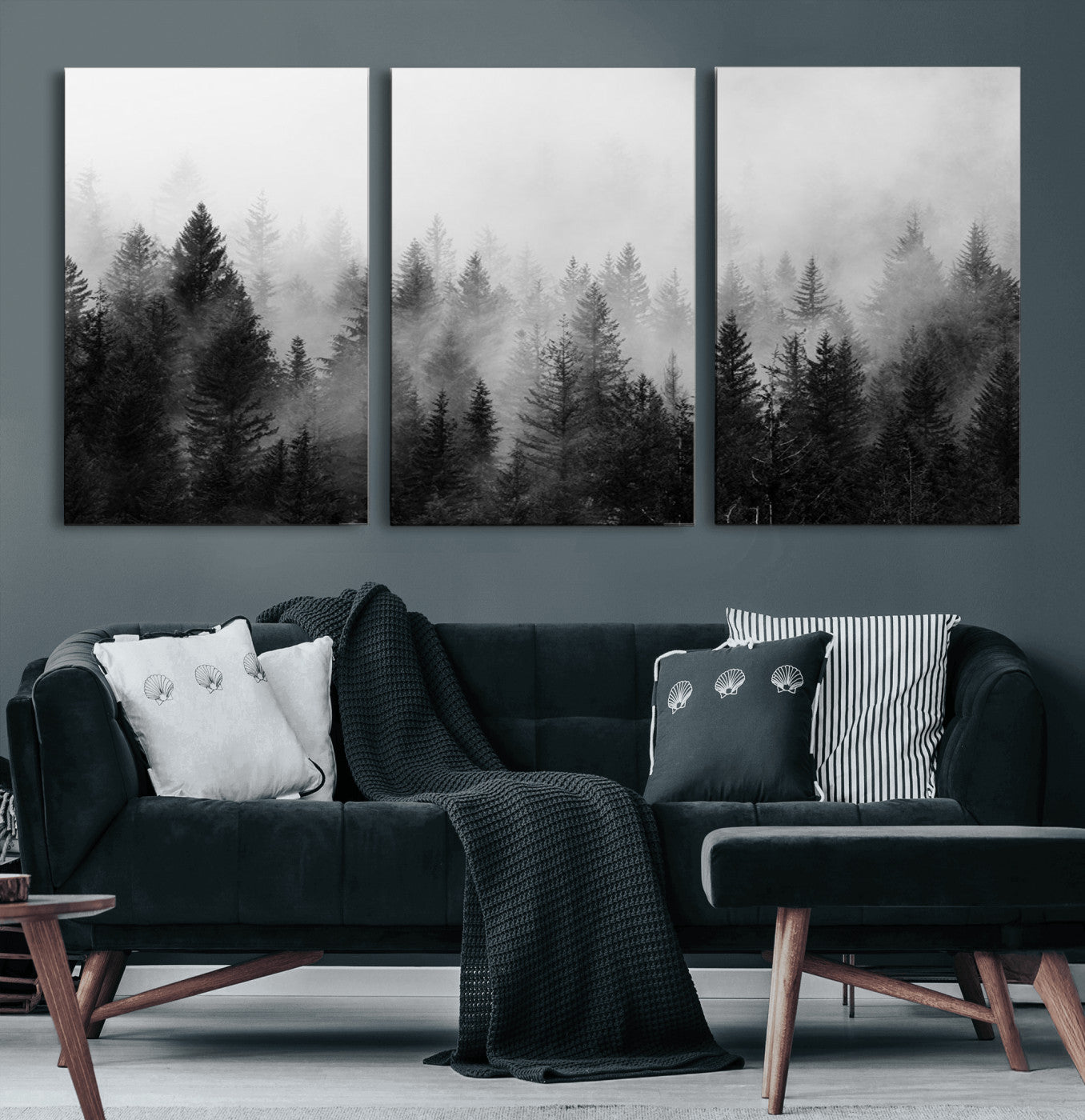 40700-MGV-CV-60X30-3P-Foggy Black and White Forest Canvas Wall Art, 3 Panel Misty Pine Trees Canvas Print for Living Room,