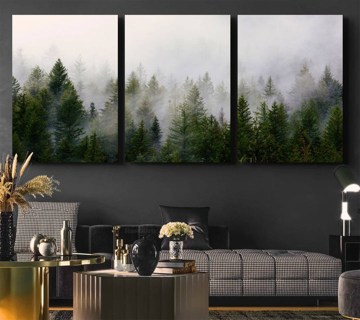 A serene, foggy evergreen forest creates a mysterious atmosphere, ideal for premium canvas wall art.