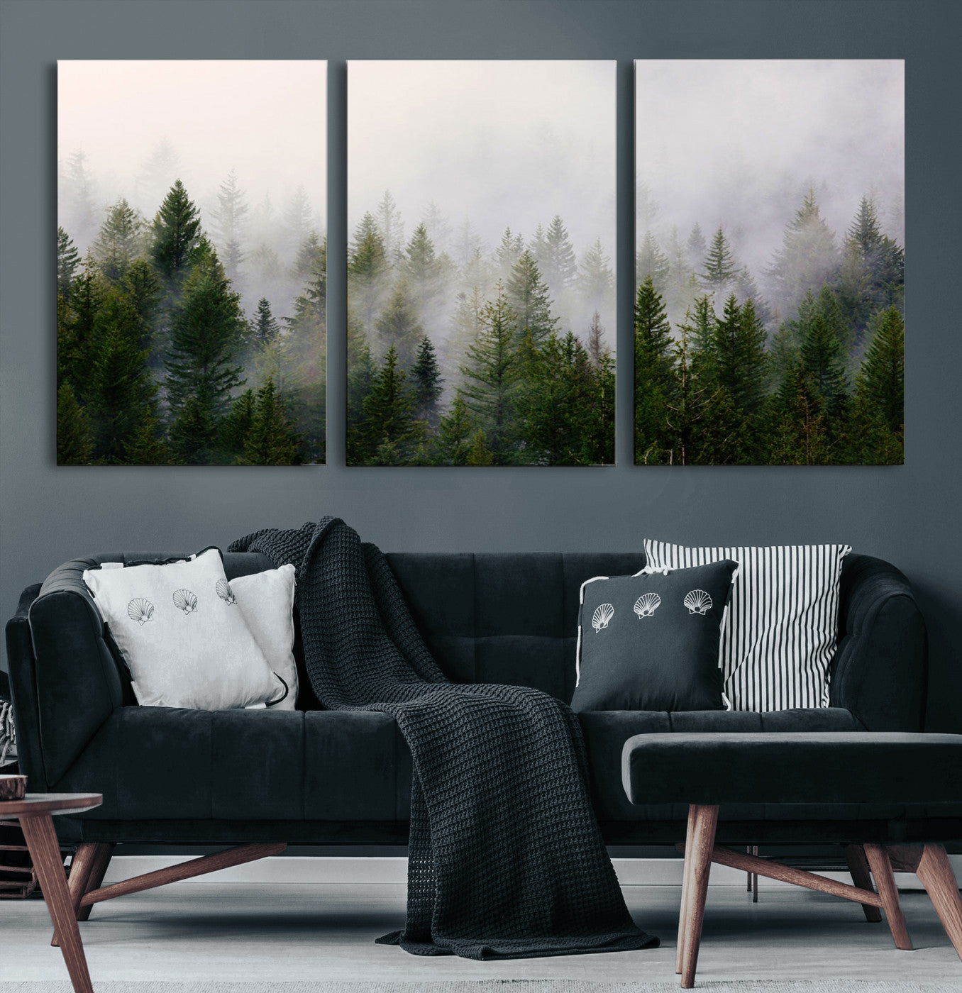 11436-MGV-CV-36X24-Misty Pine Forest Wall Art Canvas Print | 3 Panel Green Woodland Canvas Print for Living Room,
