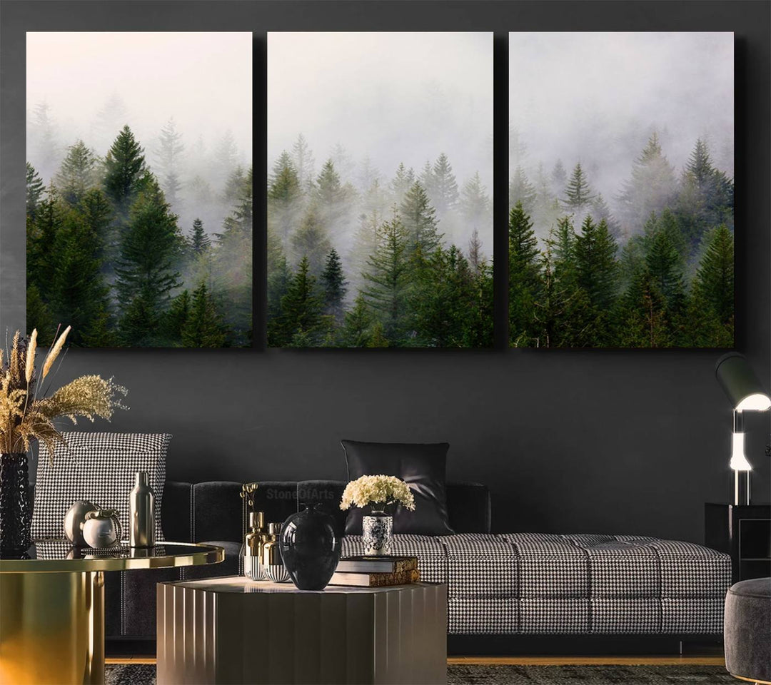 Misty Pine Forest Canvas Print serves as a foggy forest decor piece in the kitchen.