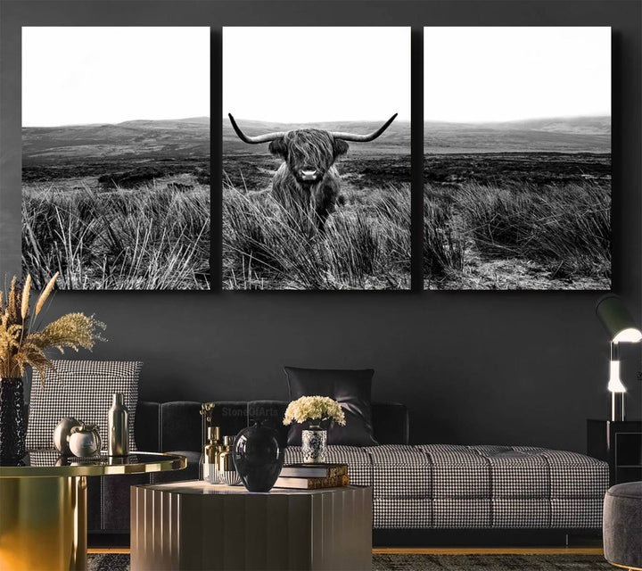 Dining room featuring a Black and White Highland Cow Canvas for a Western-themed decor.