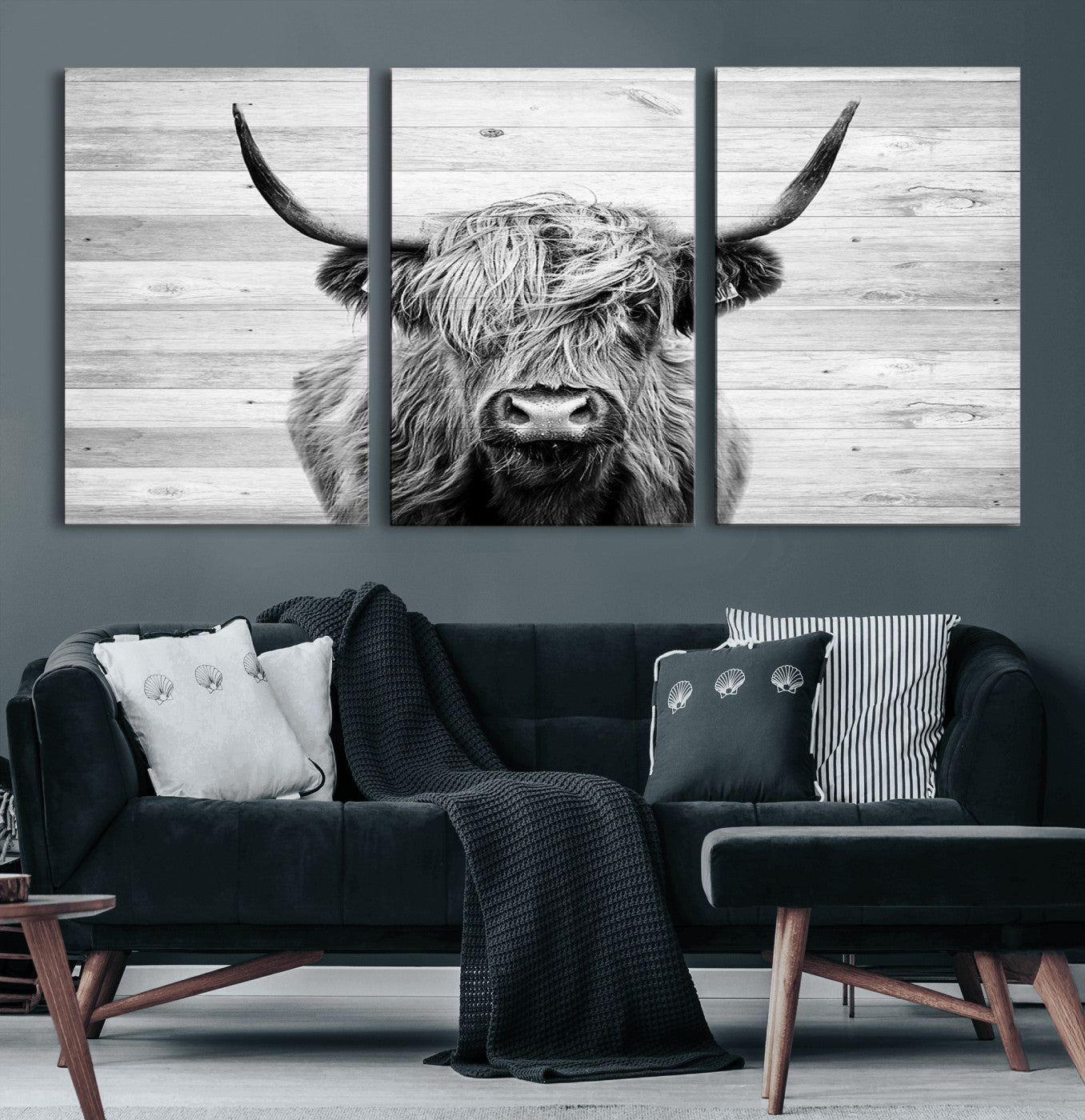 MGV-CV-60X30-3P - Scottish Highland Cow Cattle Art Print on Wood Background Style