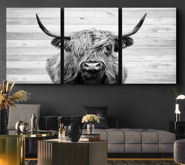 Scottish Highland Cow Cattle Art adds rustic farmhouse charm to the space.