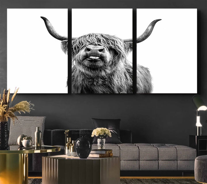 The Fanny Highland Cow art print decorates the modern kitchen, featured in black and white.