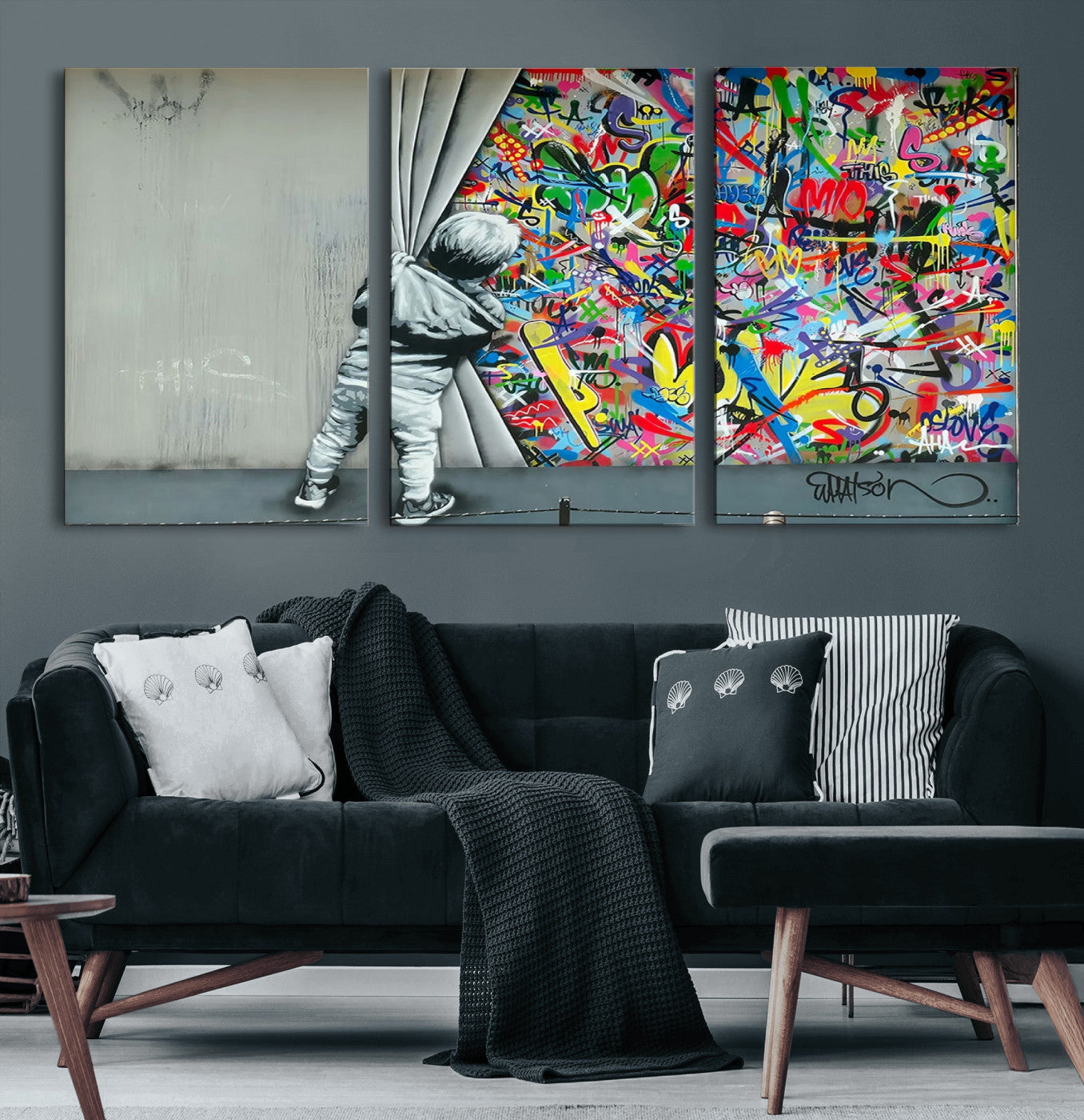 51713-MGV-CV-60X30-3P-Banksy Colorful Street Graffiti Canvas Wall Art Print, Modern Art Triptych, Child and Graffiti Wall,