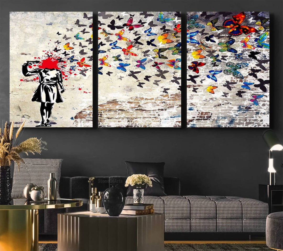 Banksy Art Butterfly Girl Explosion: Vibrant urban graffiti canvas for modern interiors, ready to hang.